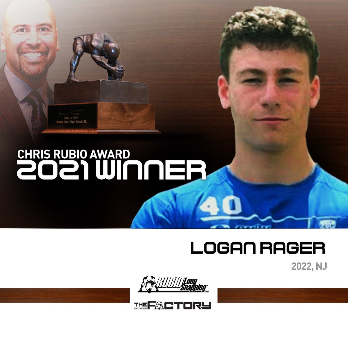 TheChrisRubio's tweet photo. Rubio Long Snapping is proud to announce that Logan Rager (NJ, 2022) has won The Chris Rubio Award for top HS Long Snapper in the country! 

#RubioFamily | #TheFactoryJustKeepsOnProducing https://t.co/ovv34rMOCx