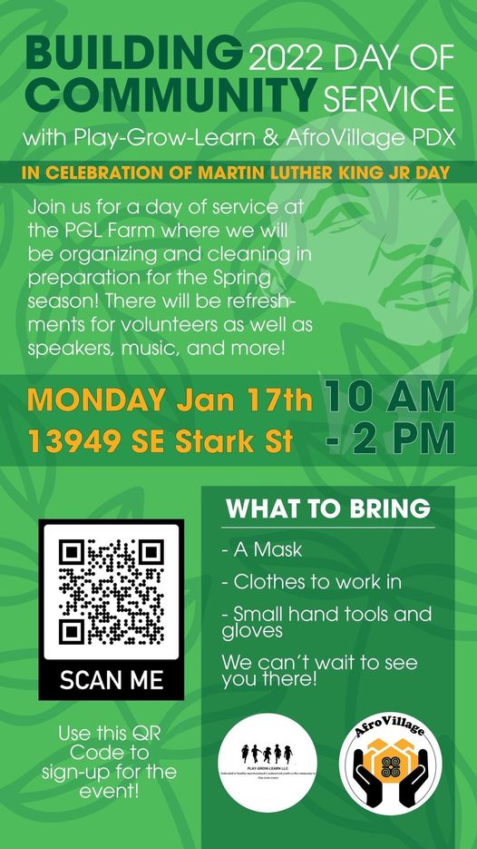 CityofGresham's tweet photo. Looking for a way to contribute on MLK Day of Service?
Join #PlayGrowLearn to clean up and organize their Farm Space in preparedness for Spring 2022!!! https://t.co/iWM4AwOw1r https://t.co/weT6ll1elb