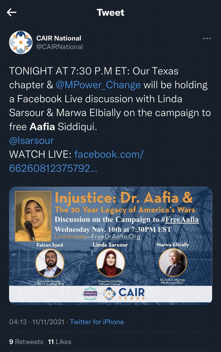 Ostrov_A's tweet photo. Hostage situations like one at #Colleville Synagogue now, do not occur in vacuum. Direct result of groups like @CAIRNational inciting Jew hatred &amp; defending terror. This event they held recently in honor of #AafiaSiddiqui, sister of Colleyville terrorist, demanding her release. https://t.co/TYmmaSJ2p3