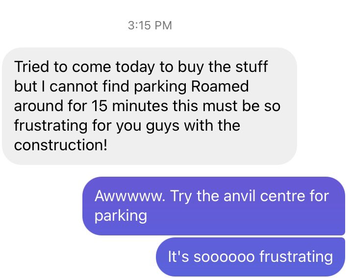 A message I receive daily from customers. Sales have been down 20% since the sewer upgrades started and the condo adjacent has taken up 3 parking spots for their dumpster since Oct. There needs to be a solution.