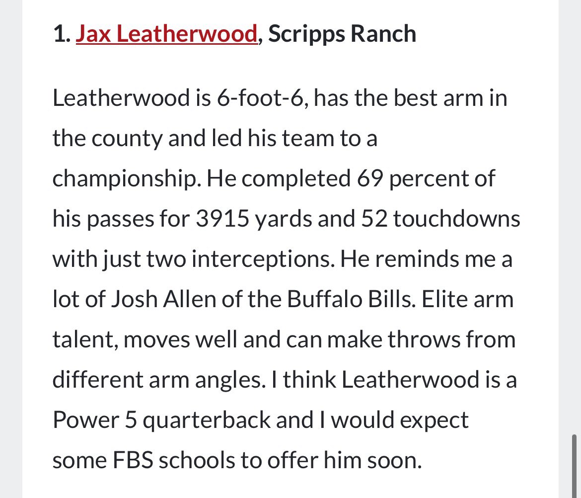 JaxLeatherwood's tweet photo. Thank you @PrepRedzoneCA and @mikehuntley63 for the write-up and for naming me the number 1 c/o 2023 quarterback in San Diego! @_srfootball @CoachGardinera @CoachDougBrady @CoachDanny10 @ToddDurkin @GregBiggins @Daygofootball https://t.co/hf9GEa6mwH