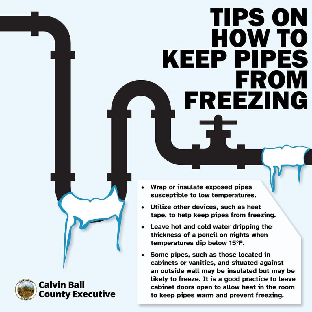 With night time temperatures projected to dip well below freezing this weekend, DPW is offering residents tips on how to keep pipes from freezing and potentially bursting.

These are everyday tips that can help residents ultimately protect their homes.
howardcountymd.gov/News011222b