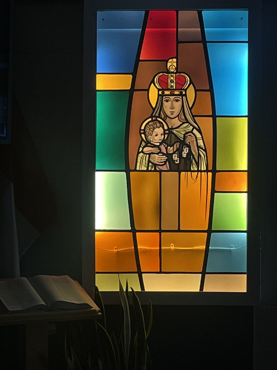 KSeathOCSB's tweet photo. This stained glass beauty is so calming and soothing. I’m so grateful and lucky to walk into our school and see this amazing piece of history each day. #beOLMC @OttCatholicSB @OLMCarmelOCSB https://t.co/BH0C3NGTmk