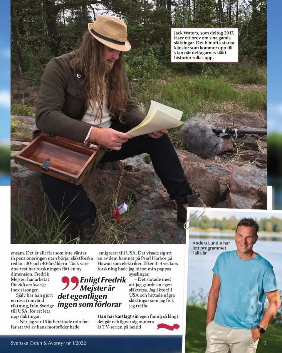 In time for tomorrow’s premiere of Season 10 of Allt För Sverige, there is a great article in Issue 1/2022 of Svenska Öden &amp; Äventyr focused on researcher Fredrik Mejster. And a pic of a certain långhårig svenskamerikan. 

Can’t wait to watch the new season!

#AlltFörSverige 🇸🇪🇺🇸