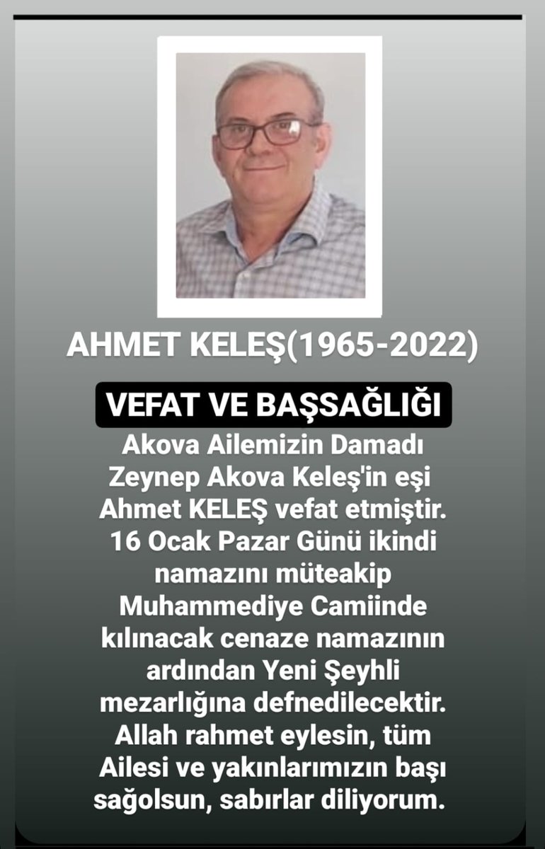 MEKANIN CENNET OLSUN AHMET ABİ...
#Ahmetkeleş #pendik #vefat #vefatvebaşsağlığı #pendikvefat #akovaailesi #keleşailesi #keleşahmet #pendikhaber #pendikgüncel