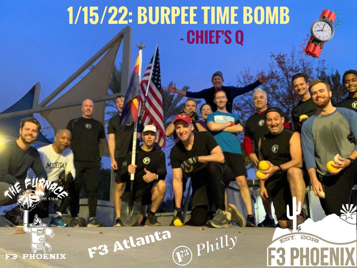 F3PhoenixAZ's tweet photo. 16 Pax met ITG for Chief's Burpee Time Bomb beatdown. We welcomed King of Beers from @F3Philly and Manhole from @F3Atlanta. Way to go, Men!
@F3Nation #MABA22 #fitnessfellowshipfaith
#BetterTogether https://t.co/tDfFRpJSKd