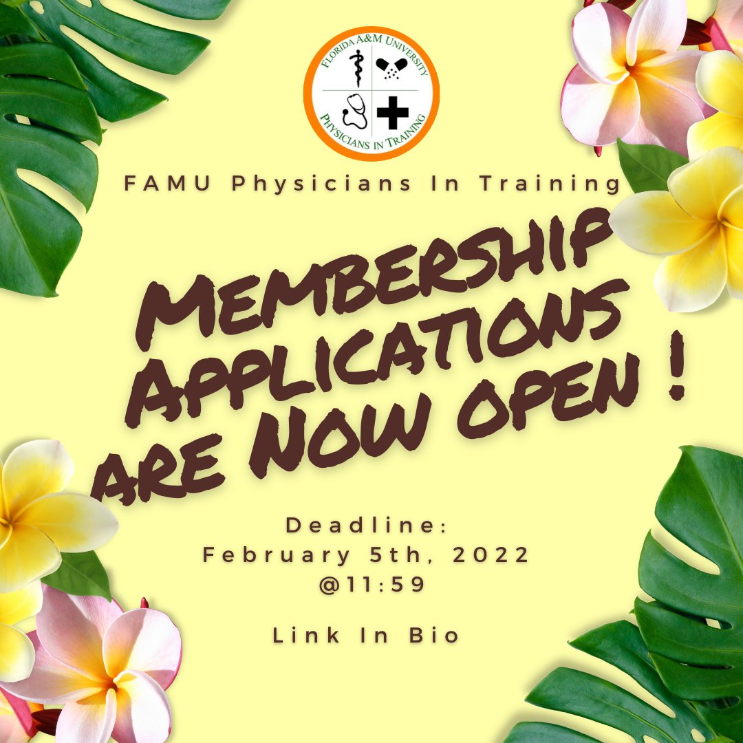 famupit's tweet photo. 🤔Interested in Joining Physicians in Training? 
🌸🌺🌼 Spring Semester Apps. are officially OPEN and accepting responses! 🗣Spread the word with anyone at FAMU who is interested in a future in the healthcare field. 🙌🏾Happy Applying! ☀️Direct all questions to @FamuPit@gmail.com. https://t.co/IKE5Spbk9k