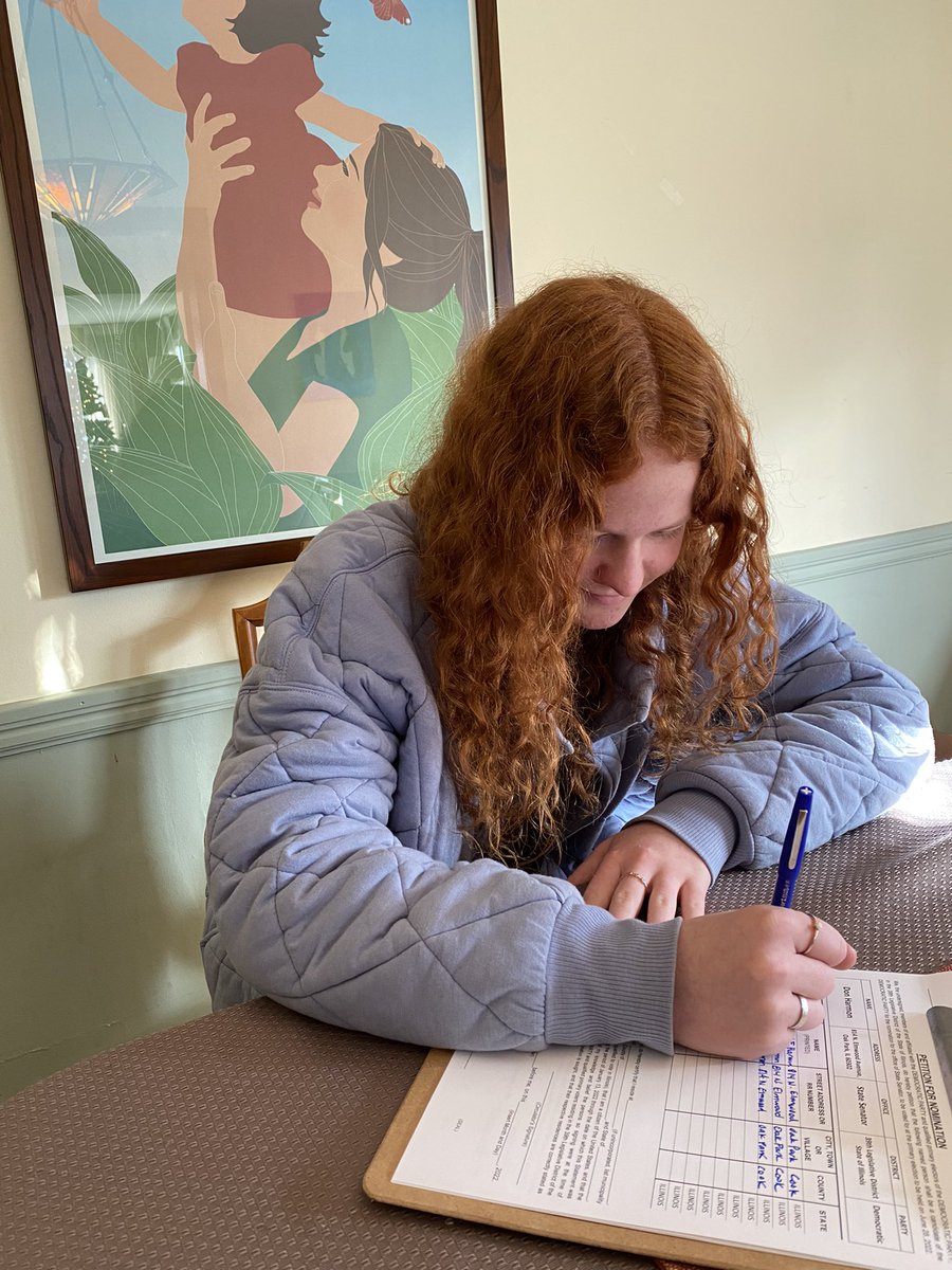 HarmonForSenate's tweet photo. Petition circulation begins at home. My youngest signs her first petition. Can’t run for re-election if I can’t get signatures from my own home! #petition #primary2022 #VoteBlue2022 #twill #IL39 https://t.co/lg65yuHSHO