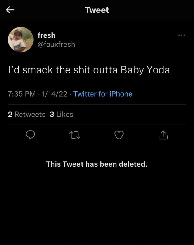 Tweet_DeIeted's tweet image. damn what baby yoda do?? 😭