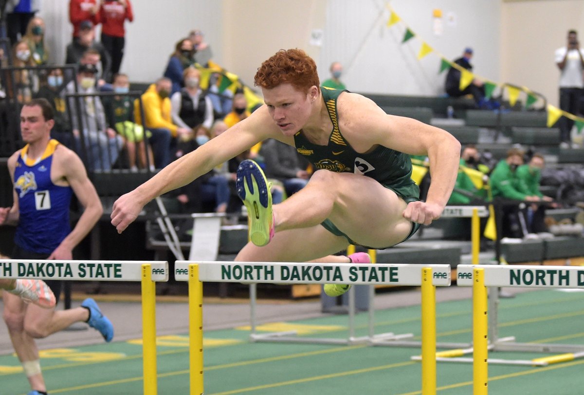 Trent Davis won the 60m hurdles in a personal-best 8.03 seconds, moving up to 7th all-time at NDSU.

2. Brock Johnsen, NDSU freshman (8.17)
3. Robert Douglas, NDSU freshman (8.33)
4. Logan Mathieu, NDSU freshman (8.34)