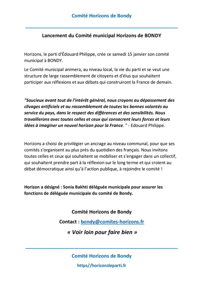 soniabakhti's tweet image. Fière d’animer le comité municipal @HorizonsLeParti  Bondy. Merci @EPhilippe_LH pour cette confiance. #JeRejoinsHorizons. Si vous voulez voir loin pour faire bien, vous pouvez compter sur mon engagement.