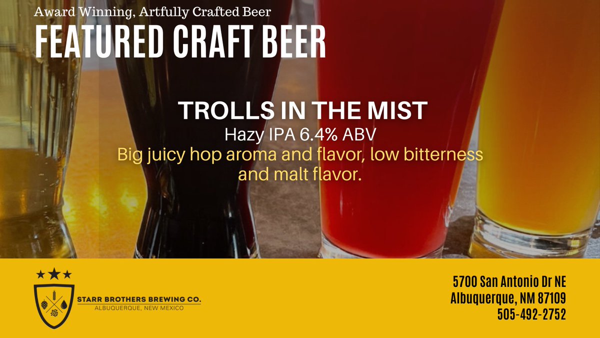Try one of our amazing craft beers today. Check the monitors, check our website, or ask your server for the current list of craft beers. Cheers! 🍻⭐️🏈 ⚽️Call us at 505-492-2752. ow.ly/y4o350HvnMS  #StarrBrothersBrewingCompany #craftbeer  #abqbreweries #bestbreweryABQ