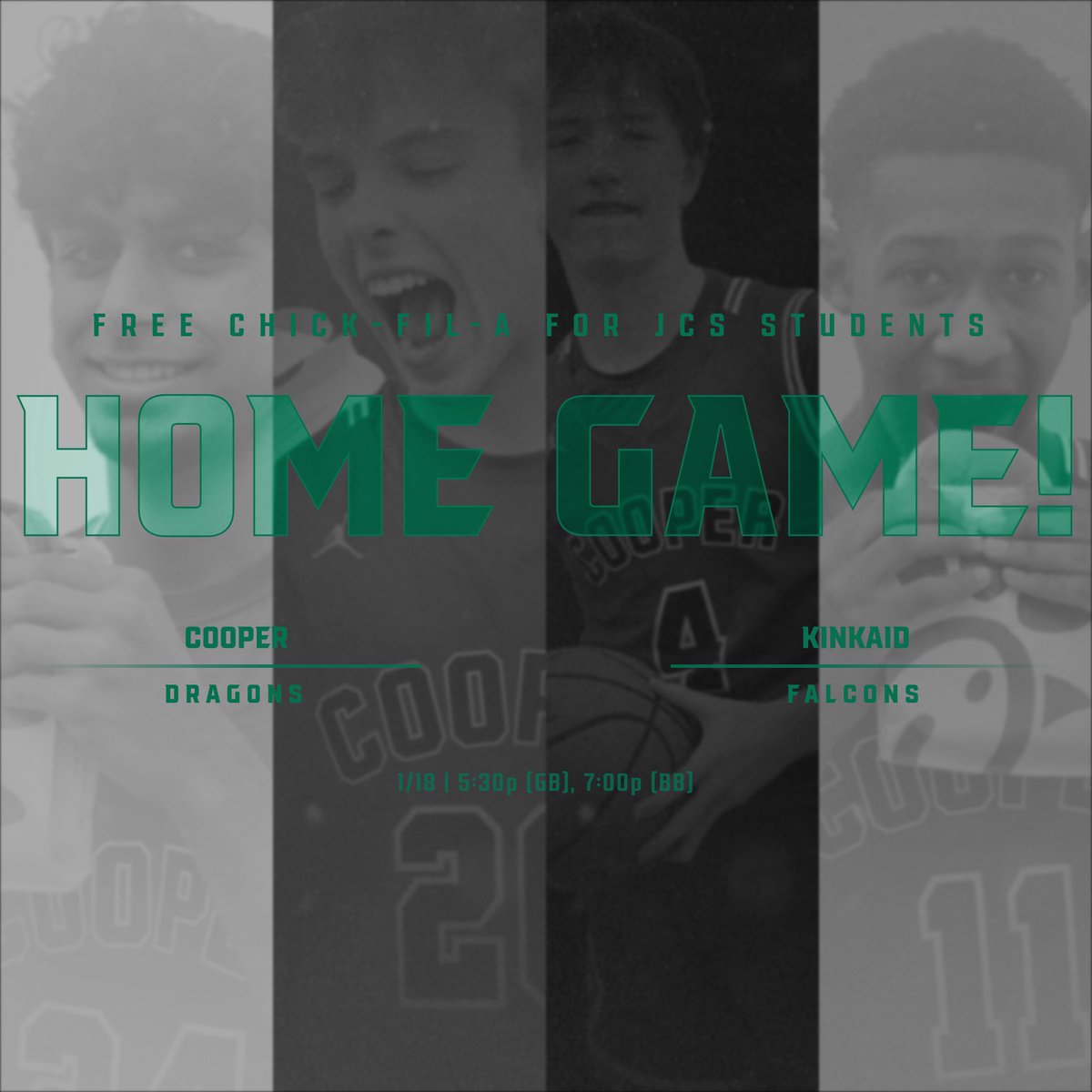 CoachMattWilson's tweet photo. Check out the Dragons Tuesday evening!! Big time conference game against a very good Kinkaid squad!!  Free Chick-Fil-A for JCS students too! #beit #godragons https://t.co/U1enUIo79O