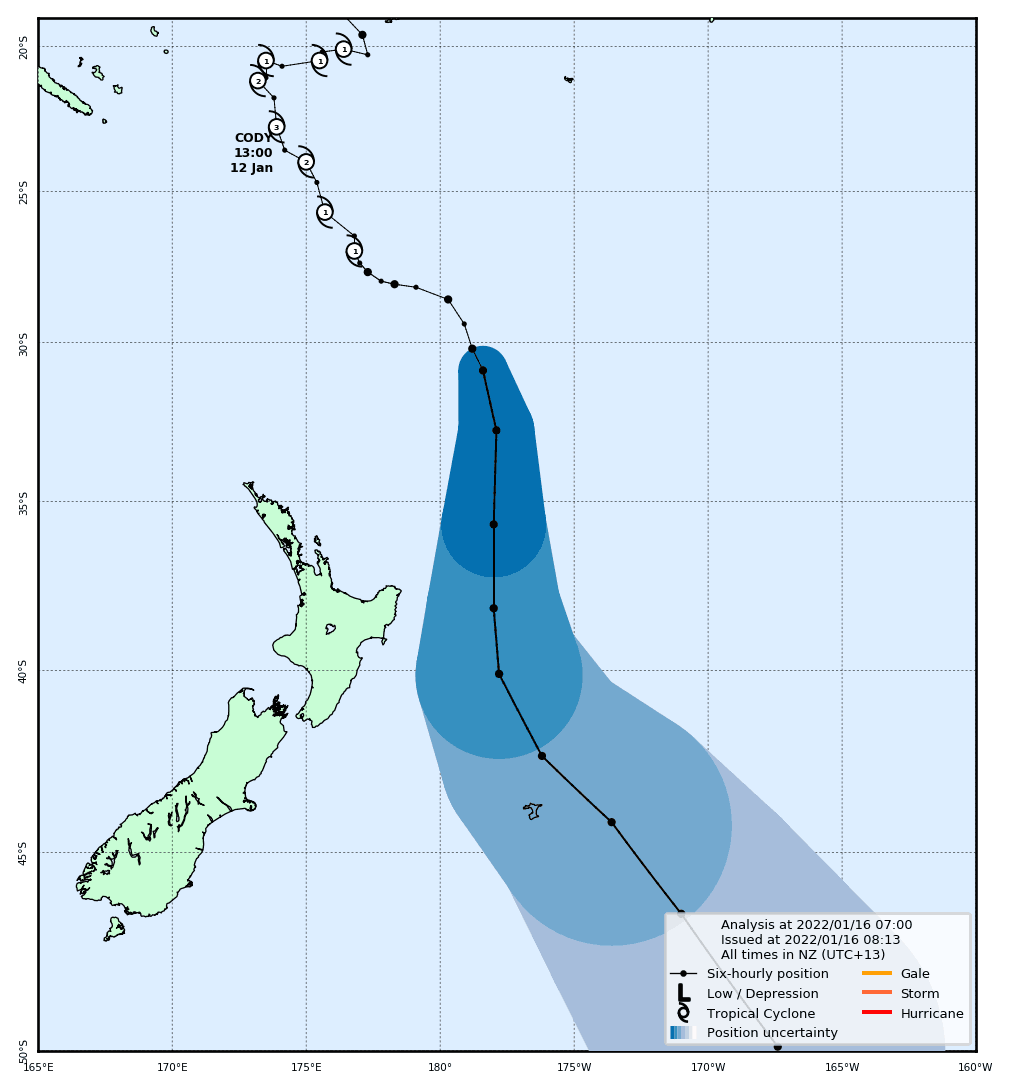 MetService's tweet photo. Here is the latest track for #CycloneCody (blue shaded area shows track uncertainty)
The continuing eastwards shift means the North Island will see little impact from wind and rain (1/2) https://t.co/VPMBxVZsG0