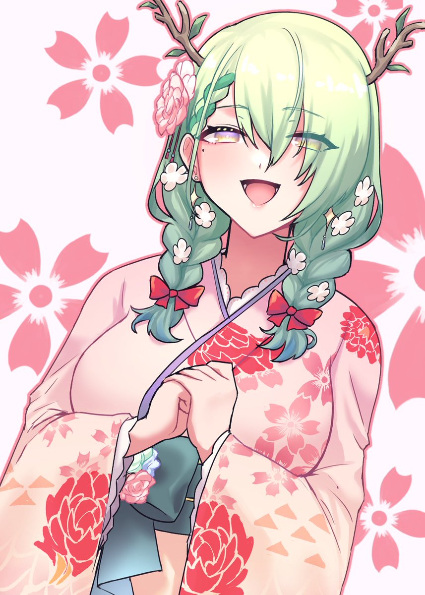 ceres fauna 1girl braid kimono japanese clothes green hair solo hair flower  illustration images