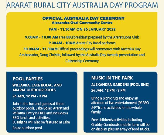 Council will host family-friendly events on 26 January, giving our community the chance to enjoy Australia Day through a variety of free activities and entertainment. 

Check out what's on this Australia Day in Ararat Rural City here: ararat.vic.gov.au/australia-day-…