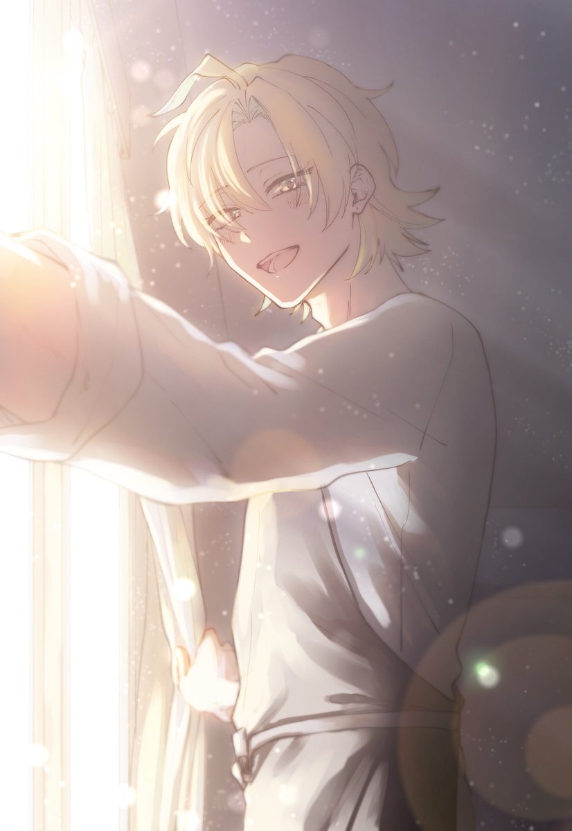 1boy male focus blonde hair solo smile looking at viewer open mouth  illustration images