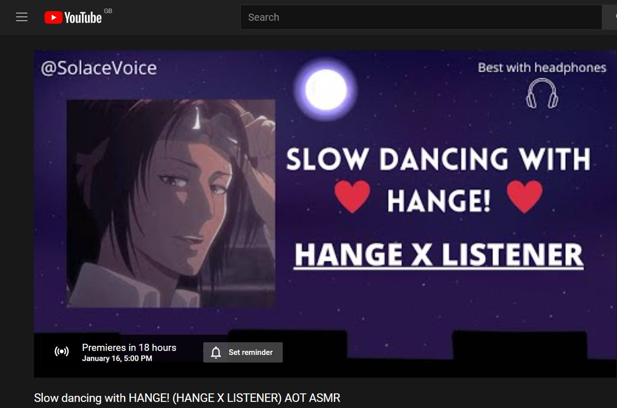 _SolaceVoice_'s tweet photo. Premiere is up for my newest video! 
⬇️⬇️⬇️⬇️
https://t.co/zpCJutAsp4
#aot #hange #hangezoe #ASMR #AttackOnTitan https://t.co/K8p1aMLnrI