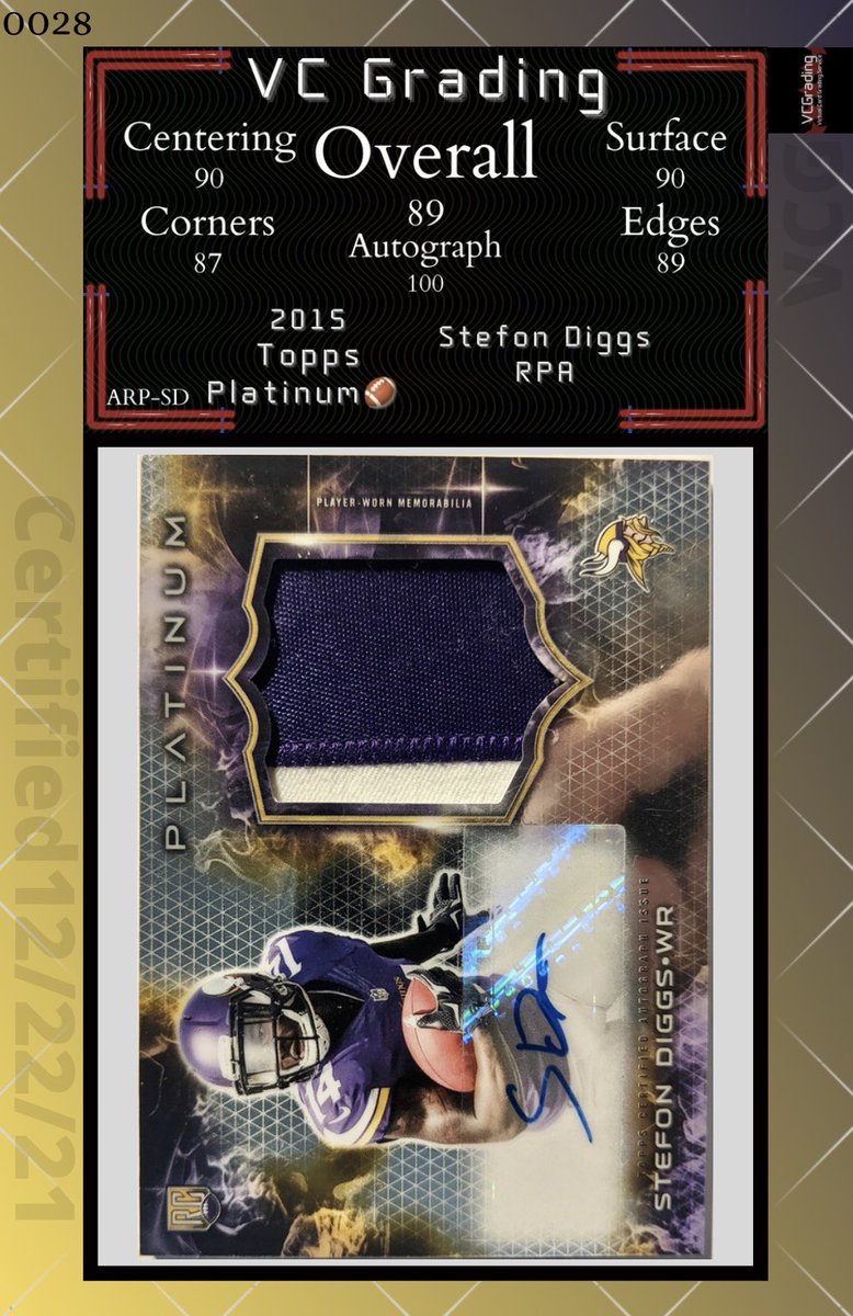 VC_Grading's tweet image. Sub from @IestynTHarris 

#27 - 2015 Immaculate 🏈 Fred Jackson:
85 Overall | 95 Auto

#28 - 2015 Topps Platinum 🏈 Stefon Diggs:
89 Overall | 100 Auto

#29 - 2014-15 Gold Standard 🏀 Marcus Smart
90 Overall | 100 Auto 

#30 - 2018 Donruss 🏈 Baker Mayfield
96 Overall ⭐️