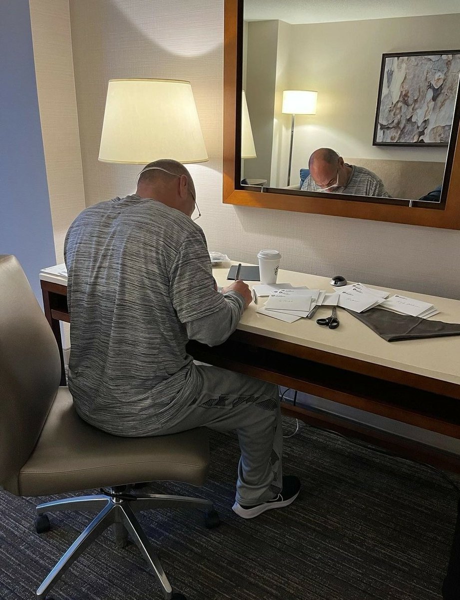 Vince Ferrara (@vincesports) on Twitter photo This is <a href="/Raiders/">Las Vegas Raiders</a> interim coach Rich Bisaccia in his Cincy hotel personally hand-writing letters to his players thanking them for their hard work. Incredible.
Everyone says he's an unbelievable person. Some kind of coach grind to get here. #SuperWildCard
<a href="/wyche89/">Steve Wyche</a> <a href="/BucSidelineGuy/">TJ Rives</a> This is <a href="/Raiders/">Las Vegas Raiders</a> interim coach Rich Bisaccia in his Cincy hotel personally hand-writing letters to his players thanking them for their hard work. Incredible.
Everyone says he's an unbelievable person. Some kind of coach grind to get here. #SuperWildCard
<a href="/wyche89/">Steve Wyche</a> <a href="/BucSidelineGuy/">TJ Rives</a>