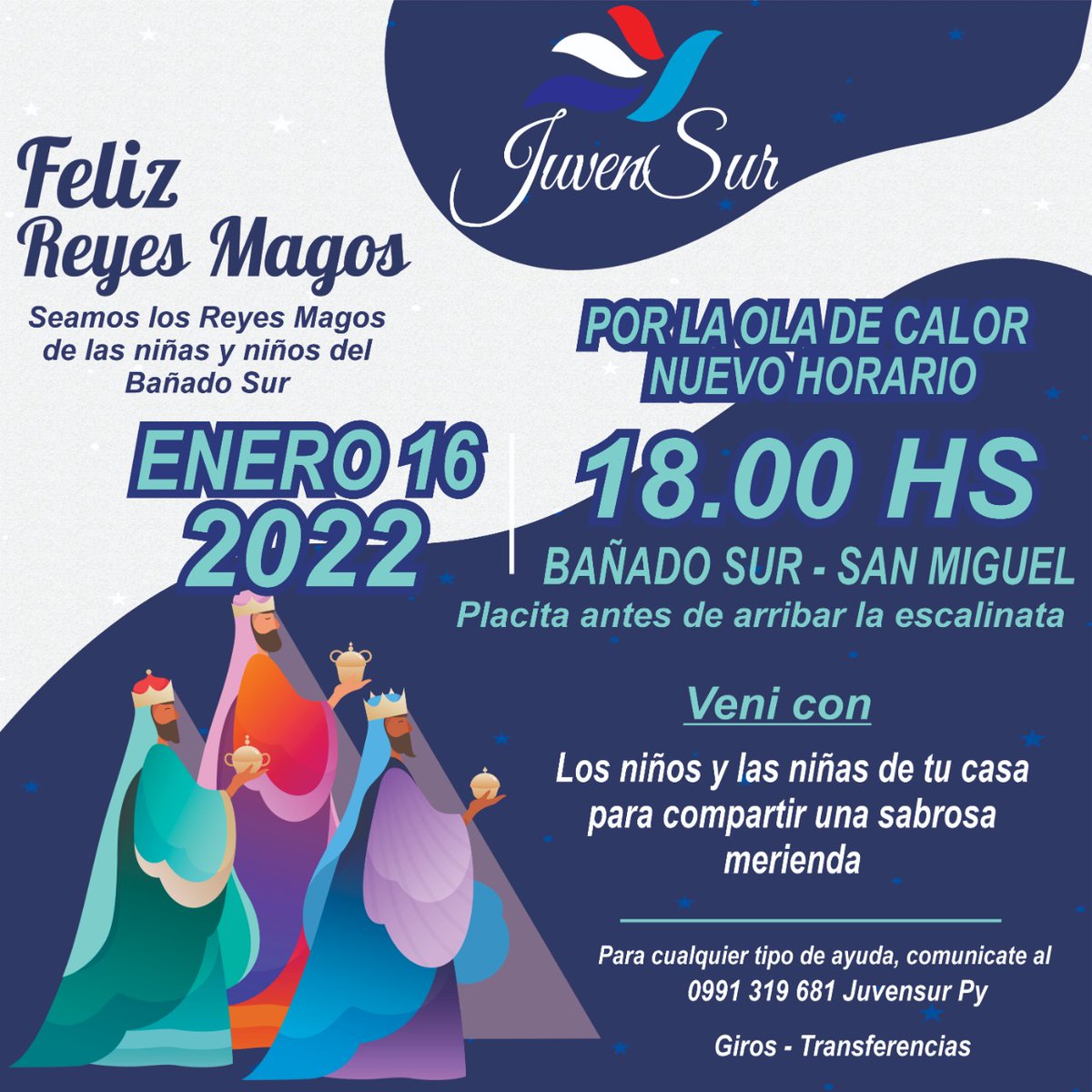 juvensurpy's tweet photo. Para pasar un momento divertido y seguro el nuevo horario para el festejo de #diadereyes  será a las 18hs por la ola de calor.

Nos vemos mañana para compartir juegos y merienda 
#BañadoSur 
#DIADEREYES 
#Juvensur 
#Solidaridad https://t.co/m7Anpxx2GH