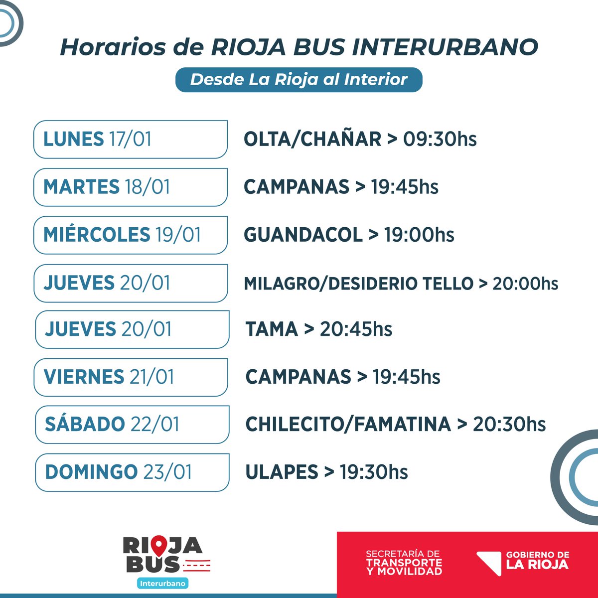 rbinterurbano's tweet photo. ⚠ ATENCIÓN ⚠

Horarios del servicio desde el lunes 17 al domingo 23 de enero 🚍

Ante cualquier consulta comunícate al 3804 913285 / 3804 913279 / 0800 444 0353 (opción 4 )☎️

👉 Recordá que no se realizan reservas de boletos

@ALCIRA08 @GustavoTelloRo3 @GobDeLaRioja https://t.co/MQuutOeu1Z