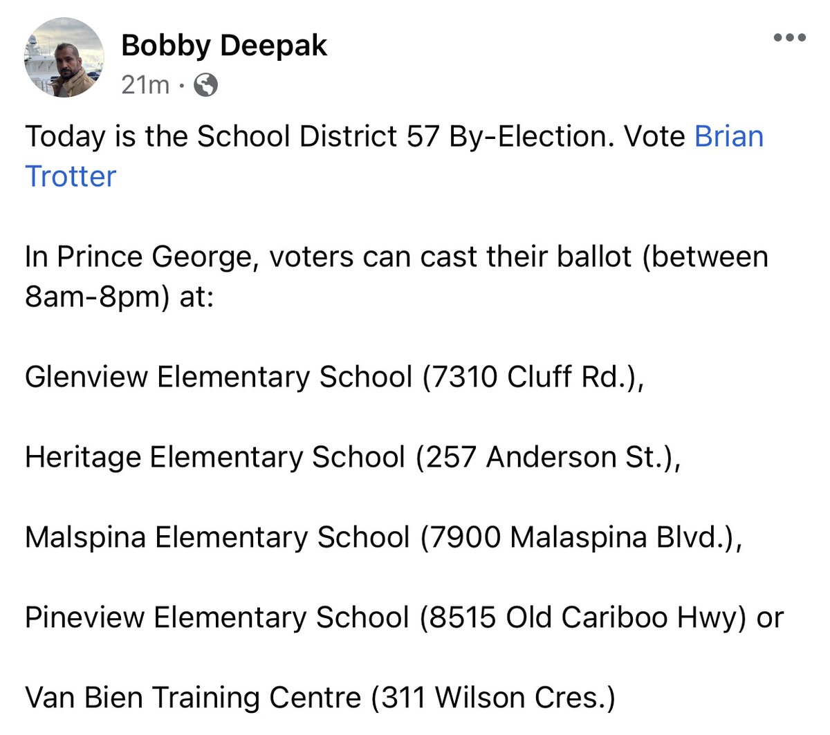 BobbyDeepak1's tweet photo. #SD57ByElection is today. Vote Brian Trotter for fair, balanced and principled representation. #CityofPG https://t.co/wSGUM8A8hy