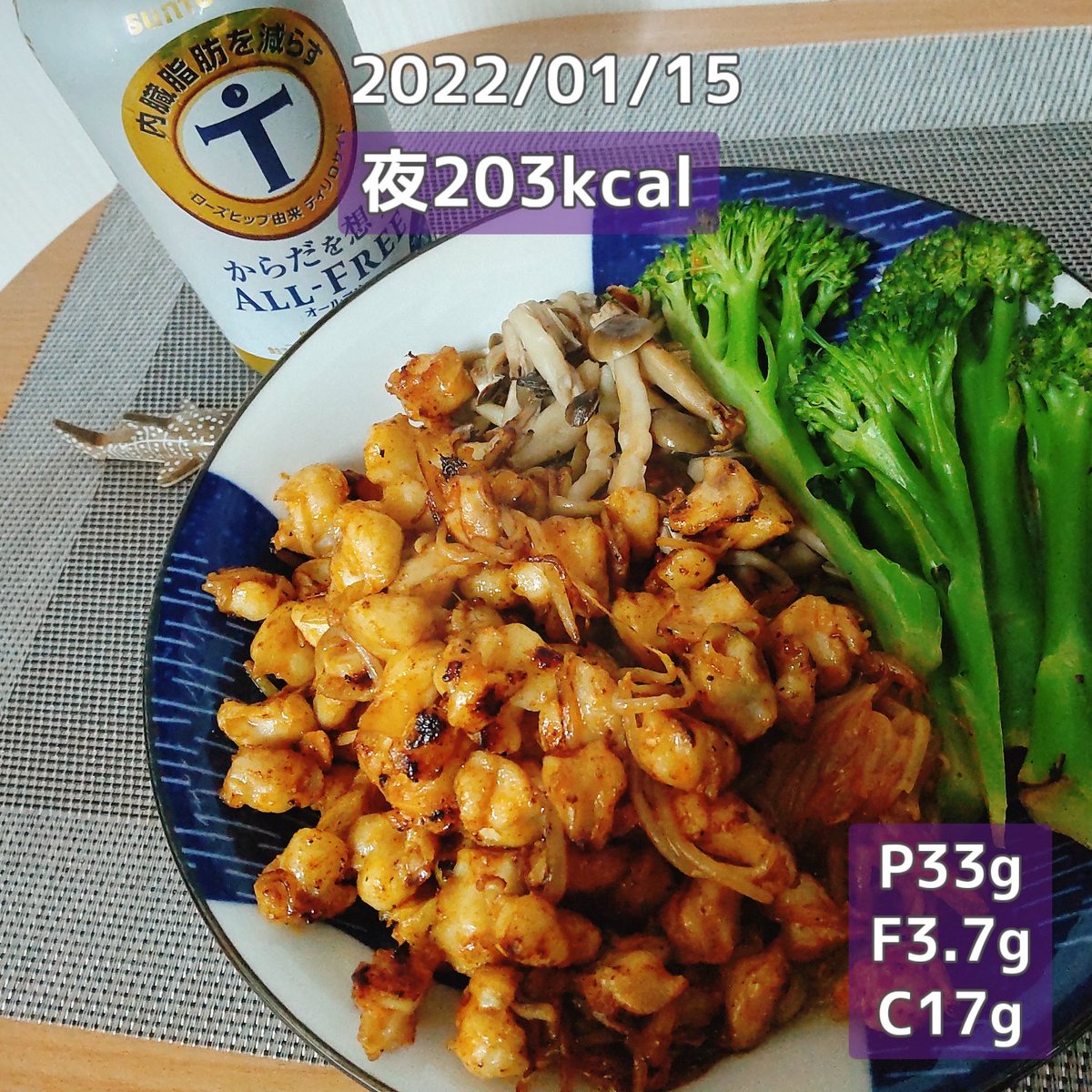 まとめと間食夕食（1/15） 計1582kcal P94g/ F45.2g/ C213g 胸と腕のトレOK、でも活動代謝低め。夕ご飯は20時過ぎ遅め。 とうきびモナカ、チョコ、🍊ヨーグルト 鶏