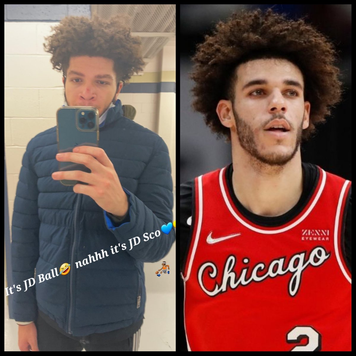 ReeSco3's tweet photo. Somebody got some splainin to do 🤣😜 #jdsco #LonzoBall #lookalikes #ballers #collegekid #StudentAthlete  #forlaughsonly #wildhair #sonshine #lovethis #humblekid #PositiveEnergy #positivevibes #beloitmensbasketball⛹🏾💙💛 #BullsNation https://t.co/RiZ14smQha