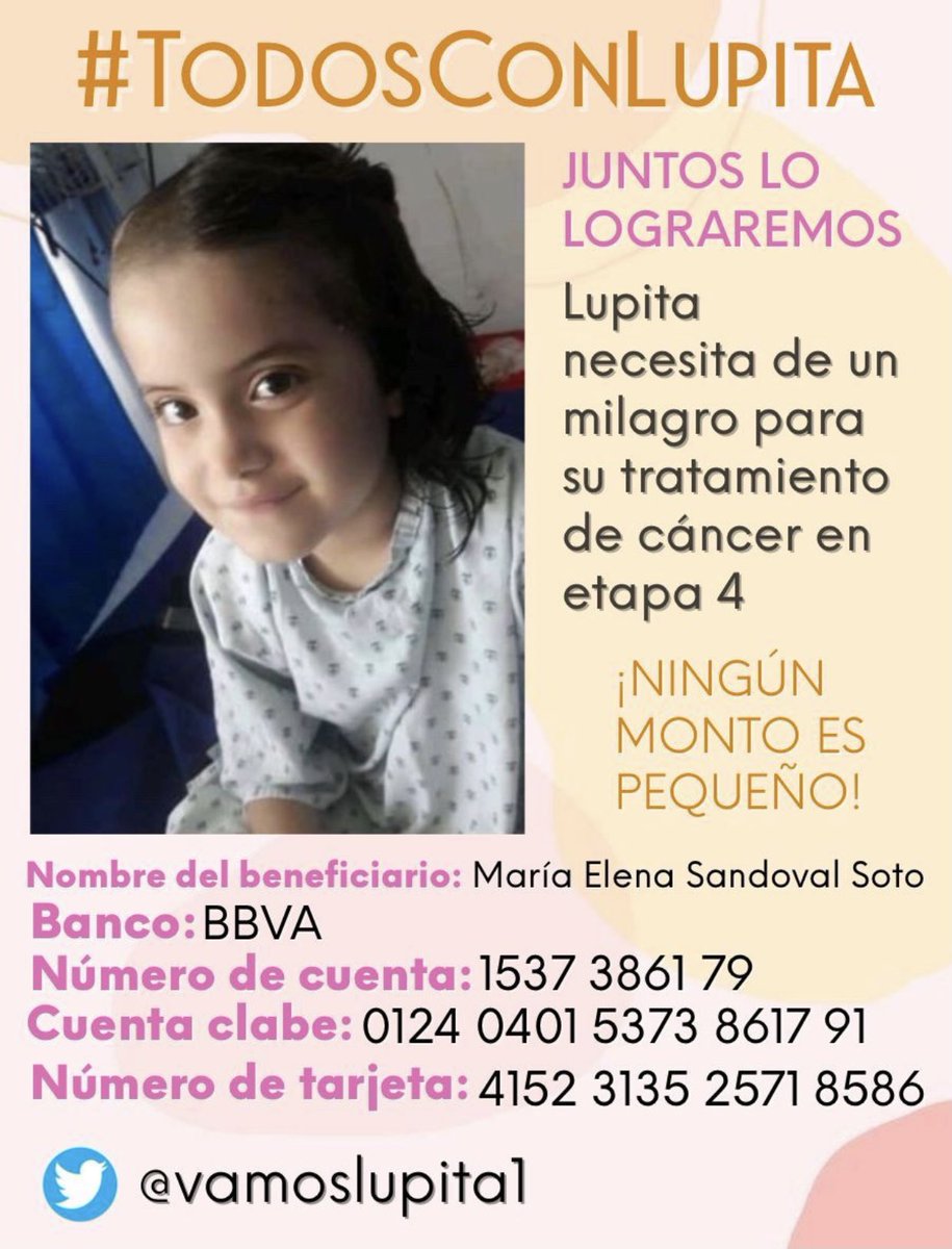 panaclo's tweet image. 🆘 Amigos :Lupita ocupa un estudio de columna cervical,dorsal y lumbar en secuencias para descartar metástasis ,la Resonancia Magnética en un hospital privado es de 25,500 pesos, evidentemente en servicio público no hay, por lo que les ruego de su  RT 👇