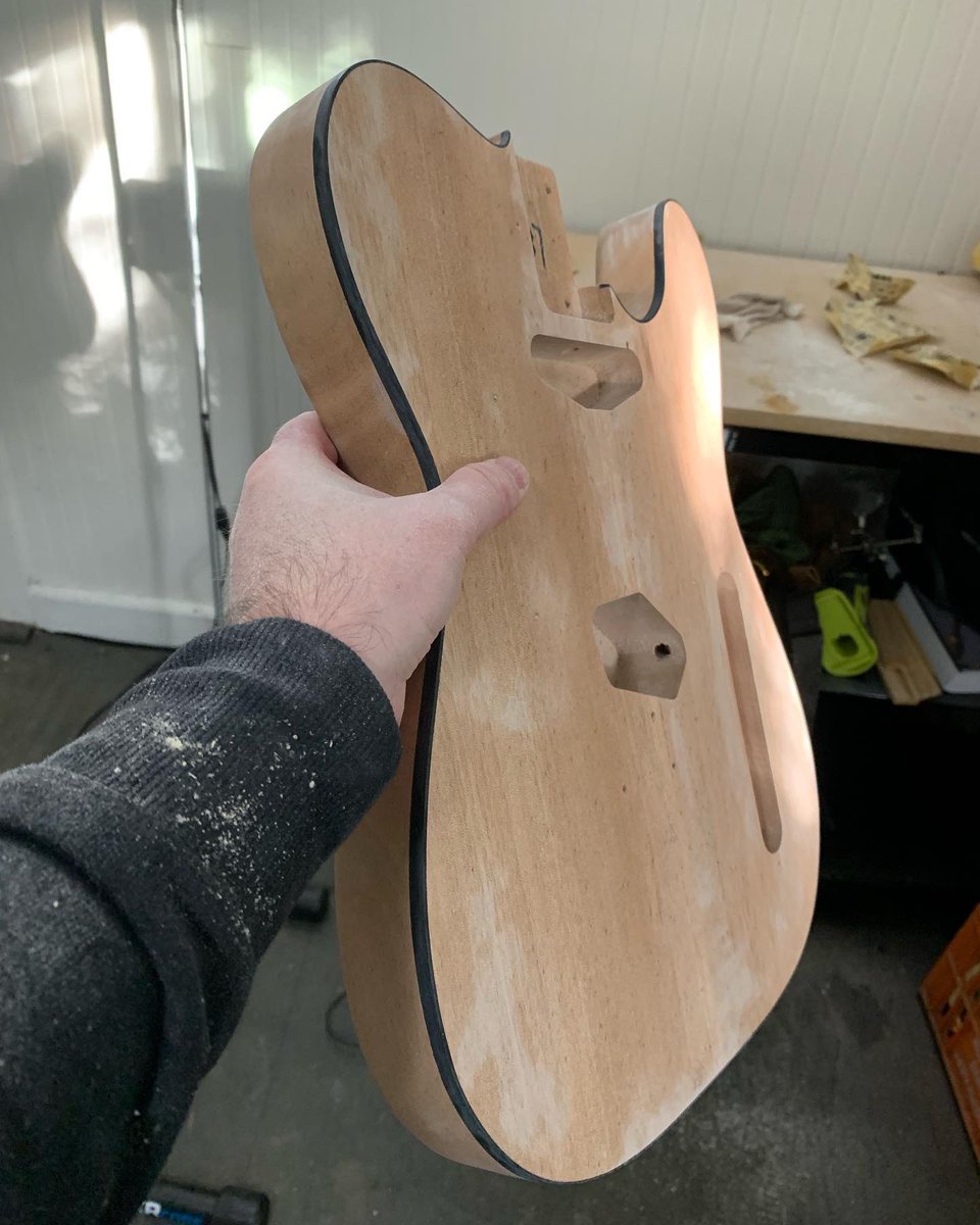 I started a #newproject today.  Got a @SoloMusicGear tele kit and began by sanding off the poly/clear coat.  Tomorrow I’ll go shopping for some more finishing supplies!  So much fun so far!  #doitfortheprocess #diyguitarkit #guitarbuild