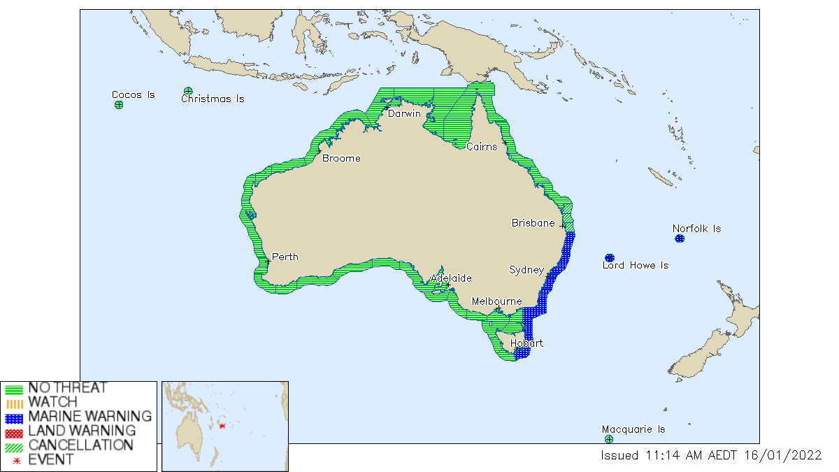#NSW, #TAS, #VIC, #LordHoweIsland, #NorfolkIsland #Tsunami Warning for the marine environment continues after volcanic eruption near the TONGA ISLANDS yesterday. #MacquarieIsland #Tsunami Warning has been cancelled. Latest info here: bom.gov.au/tsunami.