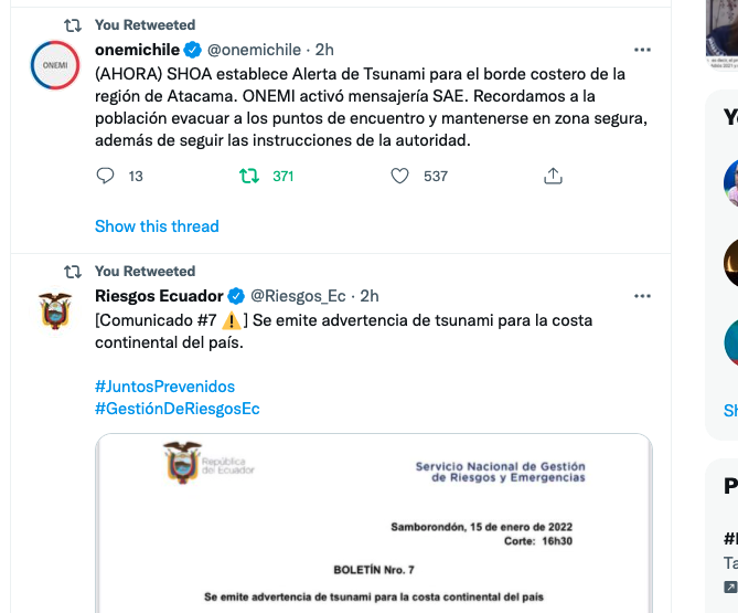 ocram's tweet photo. alertas oficiales de Chile y de Ecuador

pero, al parecer, el país que está en medio tiene harta suerte https://t.co/VDZfIJtsjb