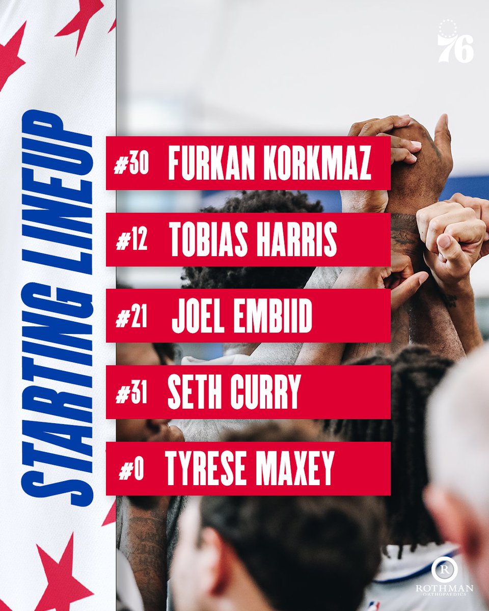 today's starting five: • @FurkanKorkmaz • @Tobias31 • @JoelEmbiid • @SDotCurry • @TyreseMaxey 🏀@RothmanOrtho