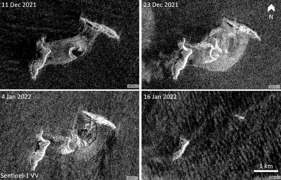 janinekrippner's tweet photo. Initial radar images showing the destruction to the island portion of Hunga Tonga-Hunga Ha'apai (light grey) on 11 Dec and 23 Dec 2021, 4 and 16 Jan 2022. Scenes acquired around 6 am local time. 
You can see them yourself here: https://t.co/GiK1XmVyUE https://t.co/Xf5jzkmD9y