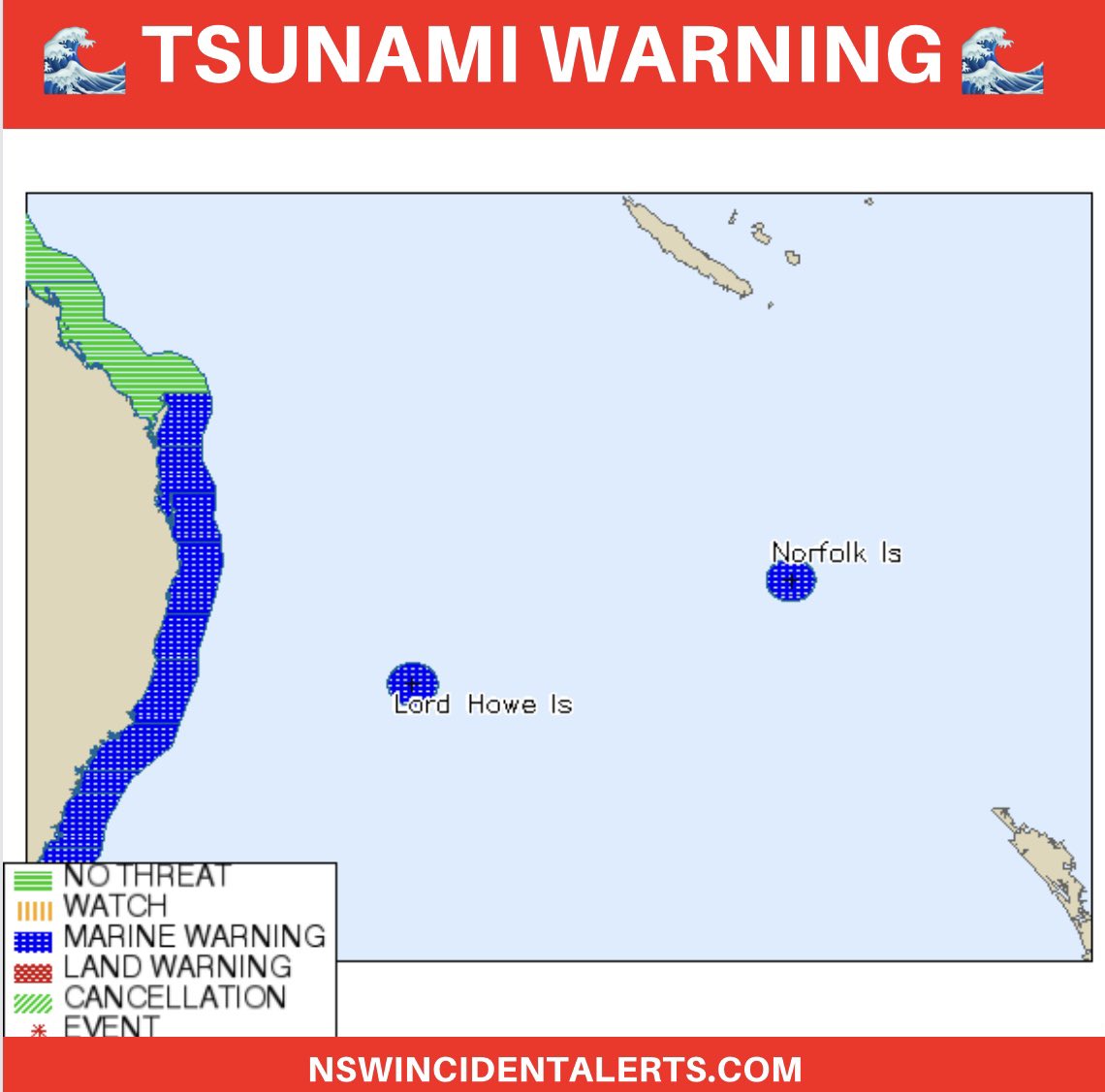 #Tsunami Update: Warnings downgrades for #NorfolkIsland and #LordHoweIsland. Unchanged for NSW.

🟦 Norfolk Island - Marine Threat
🟦 Lord Howe Island - Marine Threat
🟦 NSW Coast - Marine Threat