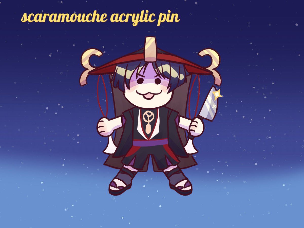 scaramouche acrylic pin coming soon! knife boy… 🔪
he will be 2 inches with glitter epoxy (which i am excited to have on pins :3)