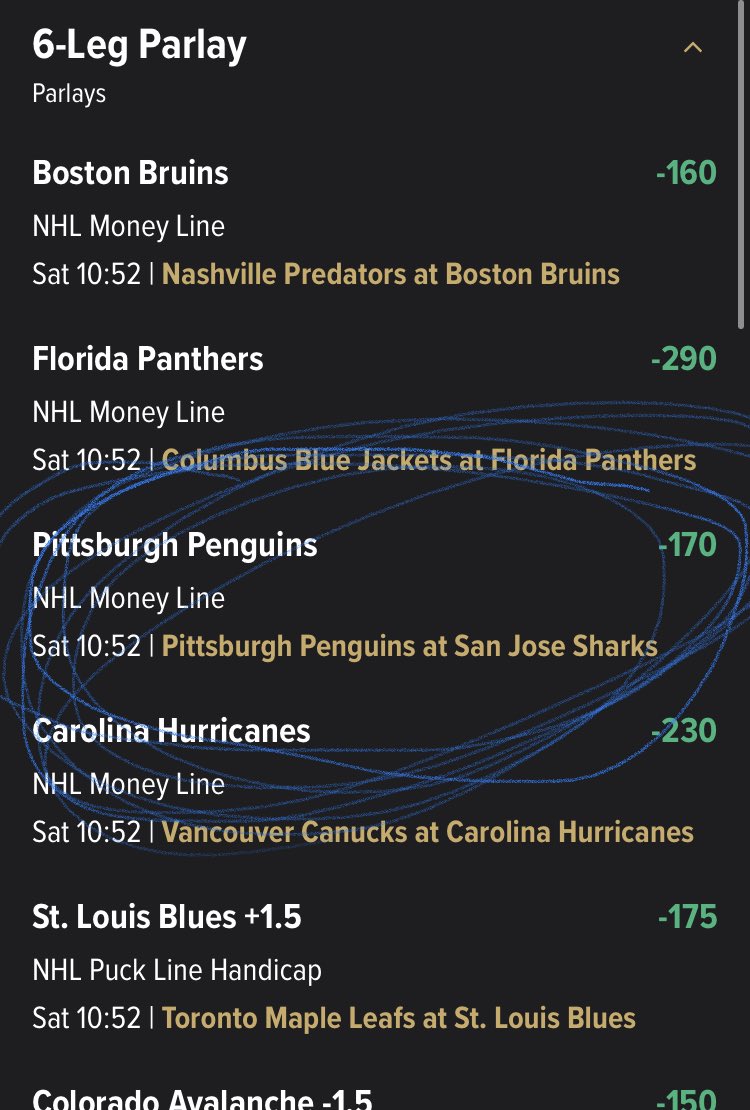 It’s late but @Alec_McChesney 6-team #NHL parlay needs the #Penguins to take down the #Sharks in overtime. Have a feeling a video is coming either way.