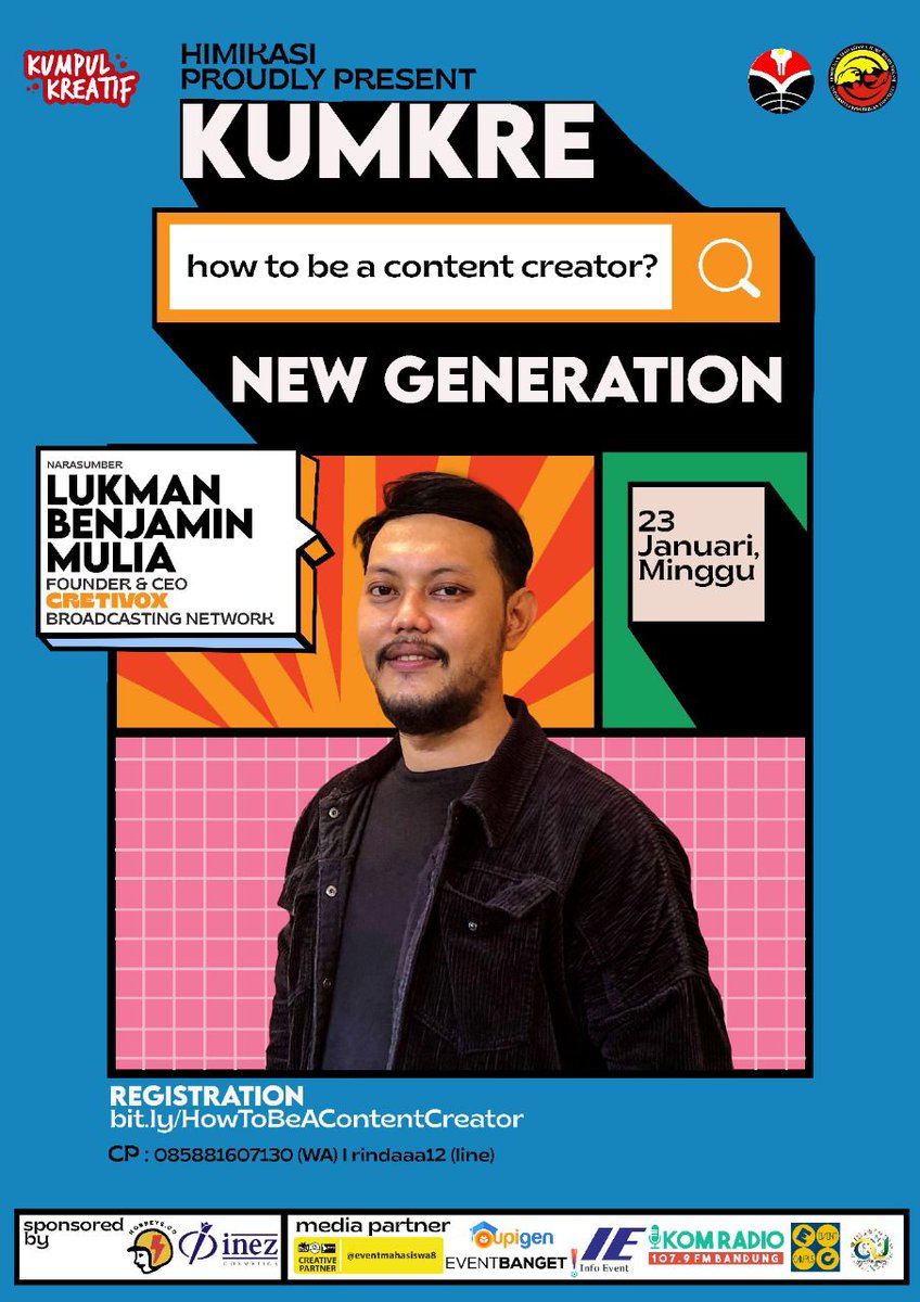 Himikasi_UPI's tweet photo. Hi, Everyone!  👋🏻 👋🏻 
Kumpul Kreatif akan mengadakan webinar dengan tema "How To Be A Content Creator". 
So.. jangan sampai ketinggalan ya. Daftarkan dirimu sekarang juga pada link di bawah ini ya!
https://t.co/js8Md6w2mb
❗FREE ❗
Benefit:
💡Insightful
🎁Doorprize
📄Certificate https://t.co/cuLPvnDclx