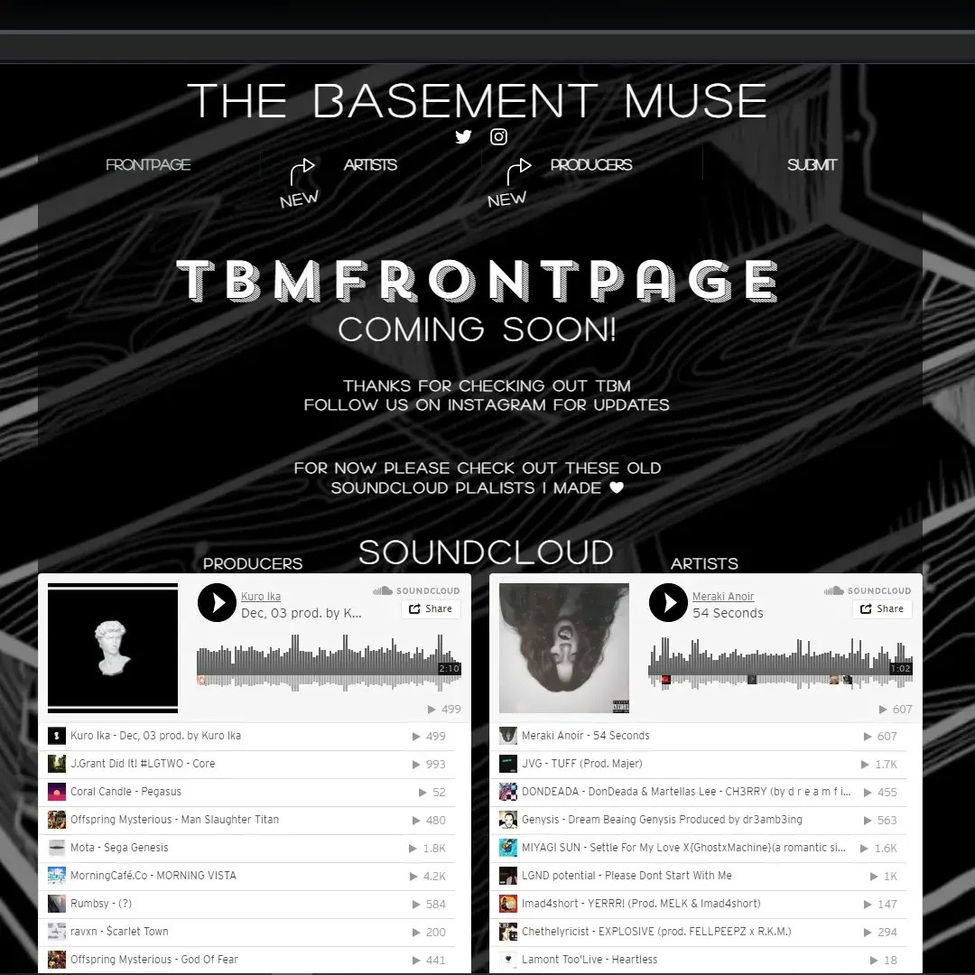 Oh I forgot. 

🚨🚨 UNDERGROUND ARTISTS, SUPPORTERS, AND FANS 🚨🚨

thebasementmuse.com

tbmfrontpage arriving soon.

Check out all the artists so far! 

Thanks. 🙏❤

I promise they thank you too.