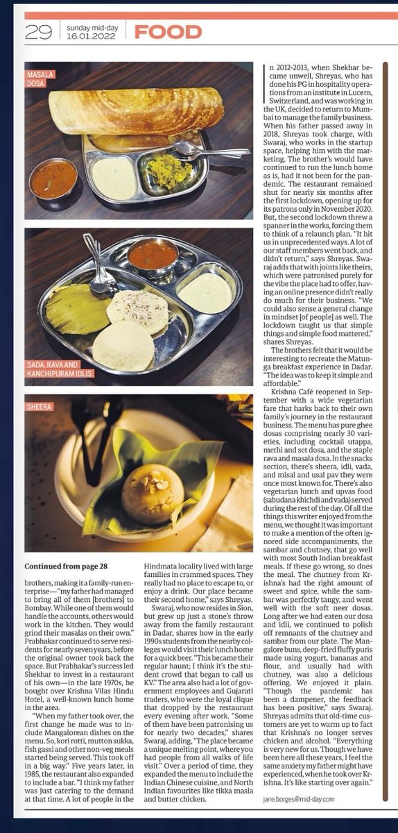 swaraj1983's tweet photo. #Sunday @mid_day : Matunga in Dadar

@janeborges9 covers the journey and food of @KrishnasCafe which is trying to extend the Matunga vibe of simple authentic south Indian food to Dadar 

🔗  https://t.co/UuVOyI6xVC 

#mumbai #krishnascafe #dadar #southindian #midday https://t.co/ea0sKp7gN5