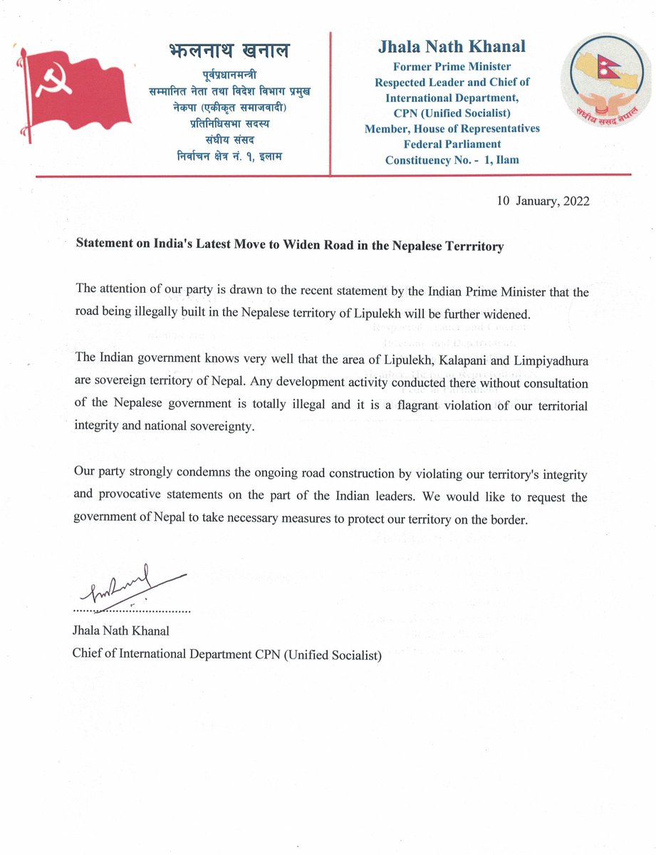 skradius33's tweet photo. Statement on India's Latest Move to Widen Road in the Nepalese Territory #CPN_Unified_Socialist https://t.co/IaZF0nie4T