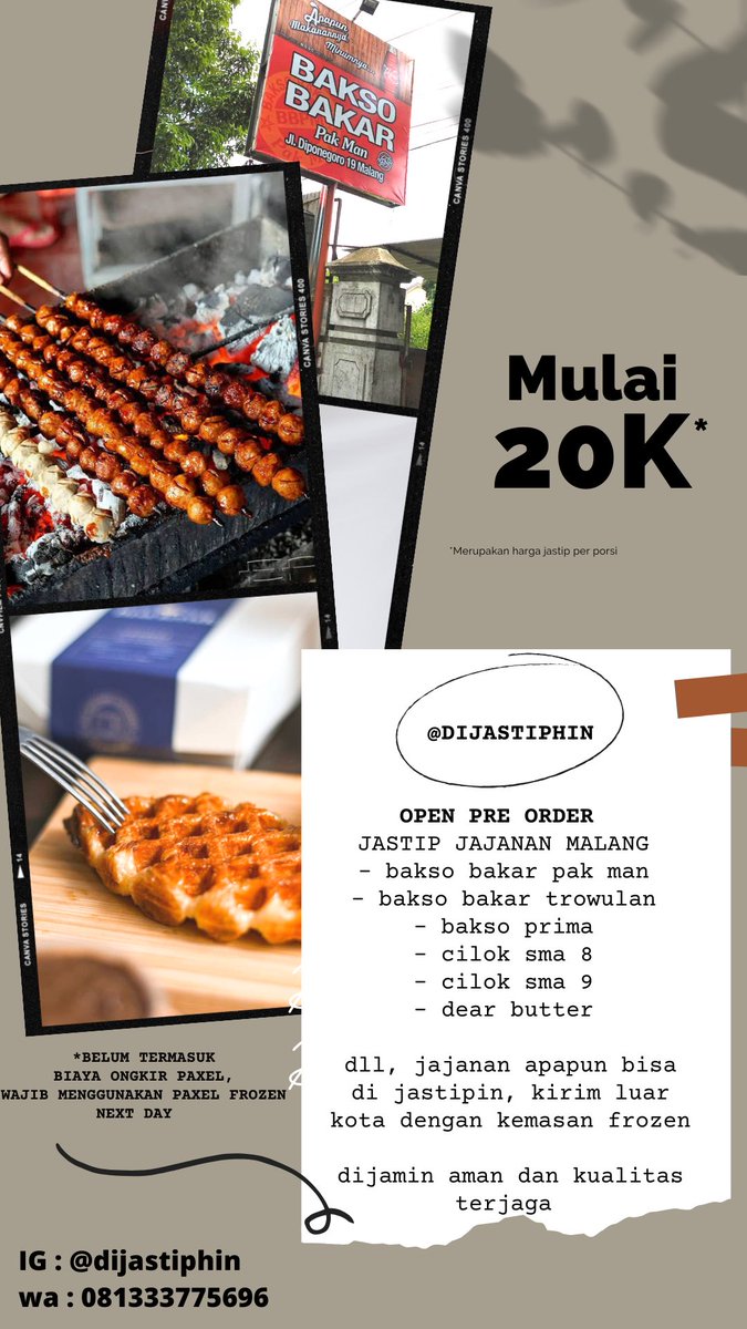 Jastip bakso bakar dan kuliner kota Malang, setiap hari ready, bisa kirim ke seluruh Jawa-Bali selama ada ekspedisi paxel, harga murah mulai 20K. Cek IG : @dijastiphin , wa : 081333775696 

#pasarmingguinfomalang
 <a href="/infomalang/">Info Malang</a> <a href="/yusufgunawan/">Yusuf Gunawan</a>