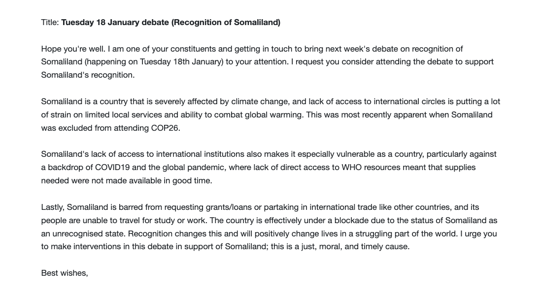 thebhlub's tweet photo. In the interest of access, here is a template anyone can use/modify to contact their MP. 

Please share it as widely as you can, lets get as many Somalilanders and friends of Somaliland involved. 

Copy text from the link below:
https://t.co/EIpV3oiOUM https://t.co/8PRTibP4uP