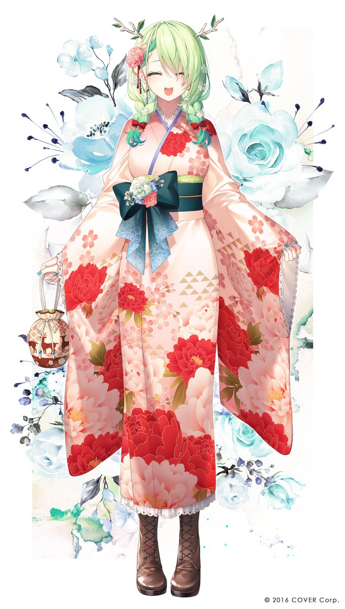ceres fauna 1girl kimono japanese clothes braid solo green hair flower  illustration images