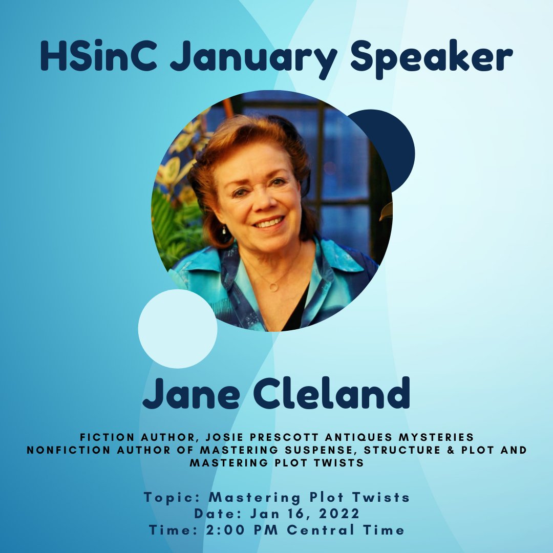 Join us today for this event with Jane K. Cleland! Sign up to get the Zoom link--houstonsistersincrime.org/meetings-and-e… 

#HSinC #SinC #HoustonWriters #MysteryWriters #TexasWriters #ThrillerWriters #AmWriting #WritingCommunity
