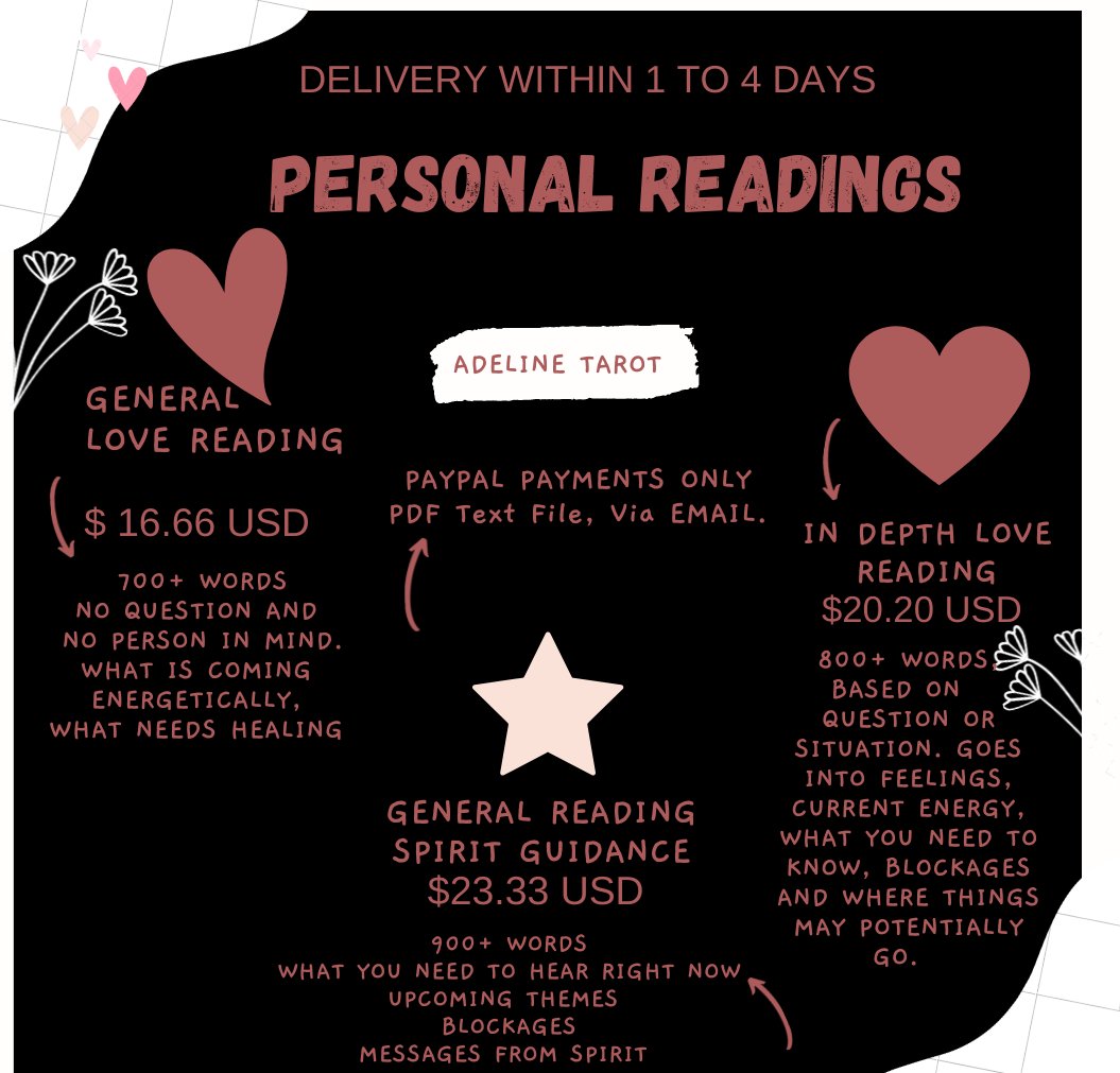AdelineTarot's tweet photo. 💫PERSONAL READINGS
📍Check bio to see if readings are OPEN.
📍Do not send money until you have the booking form.
📍Discounted Mini Reads tweeted sporadically. 
📍One (1) opening usually tweeted every 48 hours. 

Thank you for your kindness, trust and support💚 https://t.co/ct65ZlvK7S