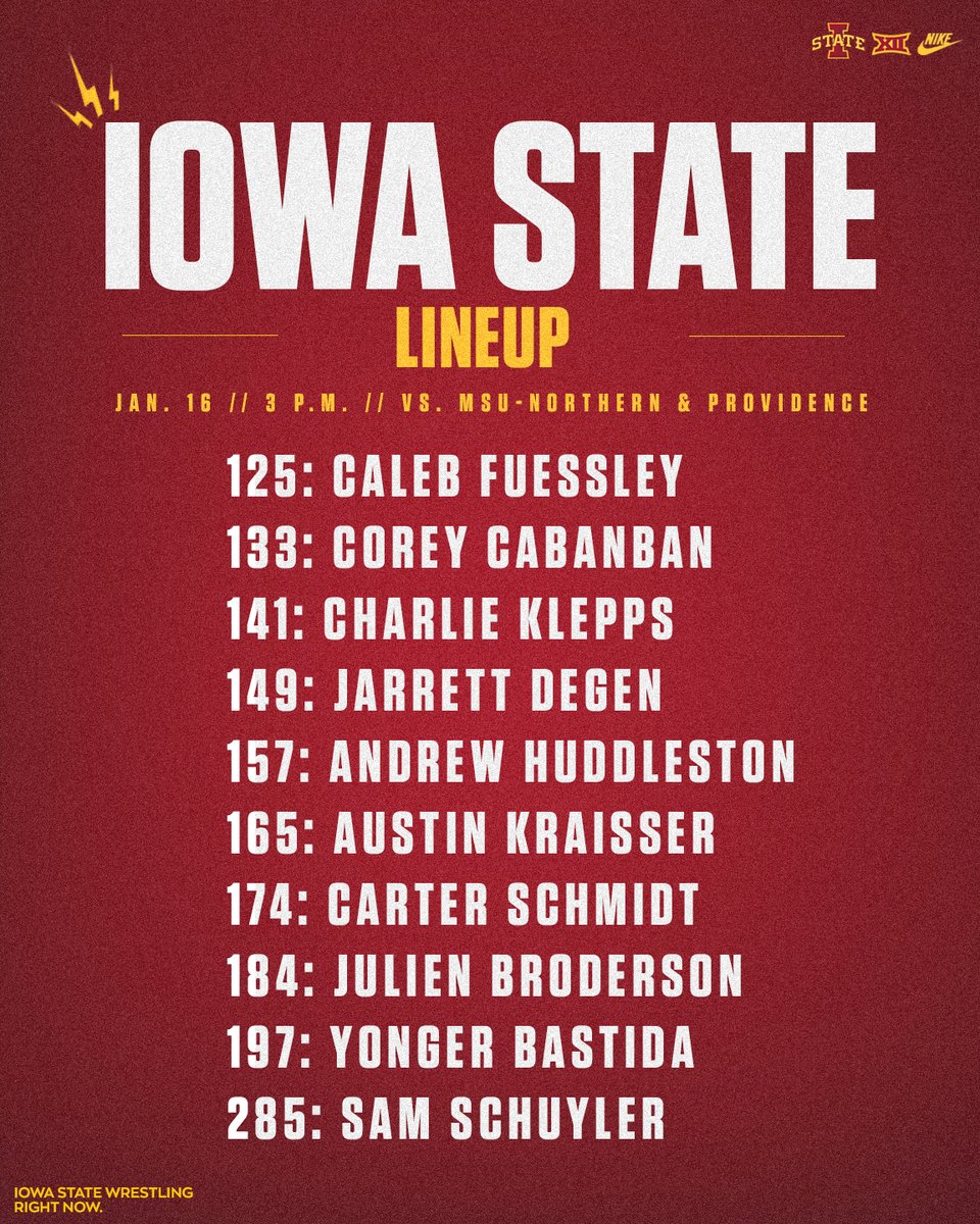 Here's a look at tomorrow's 𝘾𝙮𝙘𝙡𝙤𝙣𝙚 Lineup in Montana.

No video stream for either match, but live results can be found at cyclones.com/sports/wrestli…

Duals will be at 3 p.m. &amp; 5 p.m. (CT).

#RightNow🌪🚨