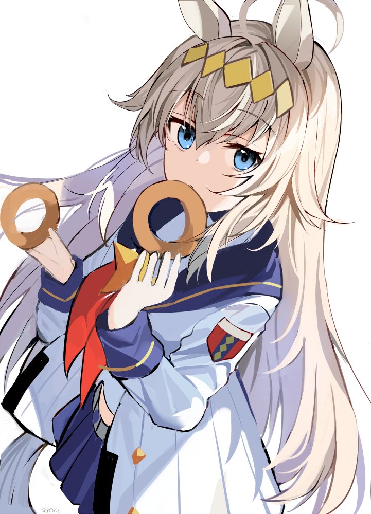 oguri cap (umamusume) 1girl animal ears horse ears solo doughnut blue eyes long hair  illustration images